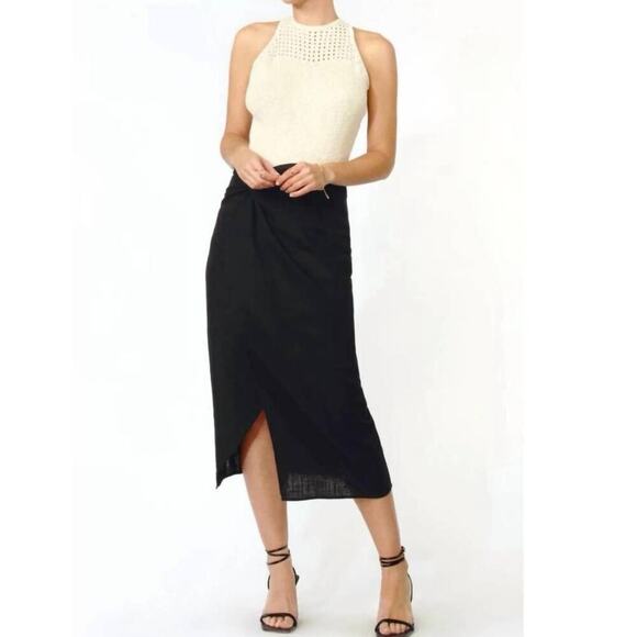 Greylin Brenda Linen Skirt Size S Black Pareo Midi Twist Front Neutral Casual - Picture 2 of 14